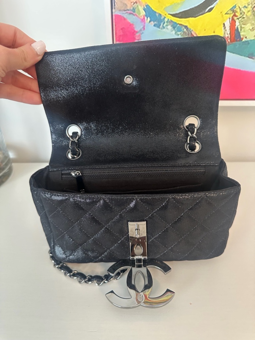 Chanel Quilted CC Crystal Black Leather Shoulder Bag with Chain Strap - Picture 7 of 16